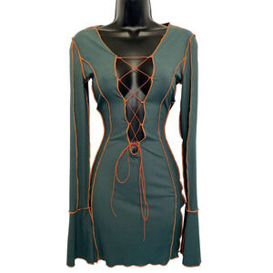 New Medium Teal Forest Long Sleeve Mini Bodycon Lace Up Open‎ Front Dress Y2k